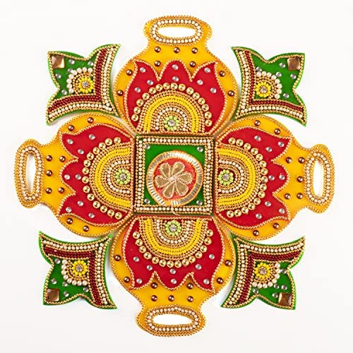 Tarini Gallery Floor Rangoli Acrylic Handcrafted Indian Traditional Home Décor for Diwali Festival Wedding Party Wall Interior Decoration and Gifting Size- 8"x8" (Yellow 4 Pots)
