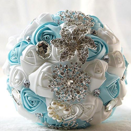 Ziye Shop Luxury Handmade Romantic Wedding Bride Holding Bouquet Silk Roses with Diamond Pearl Ribbon Valentine's Day Bouquet Confession (Blue/White)
