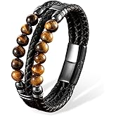 VA JENT Mens Leather Braided Tiger Eye Bead Bracelet Stainless Steel Clasp Cuff Bracelets Gift for Men Him