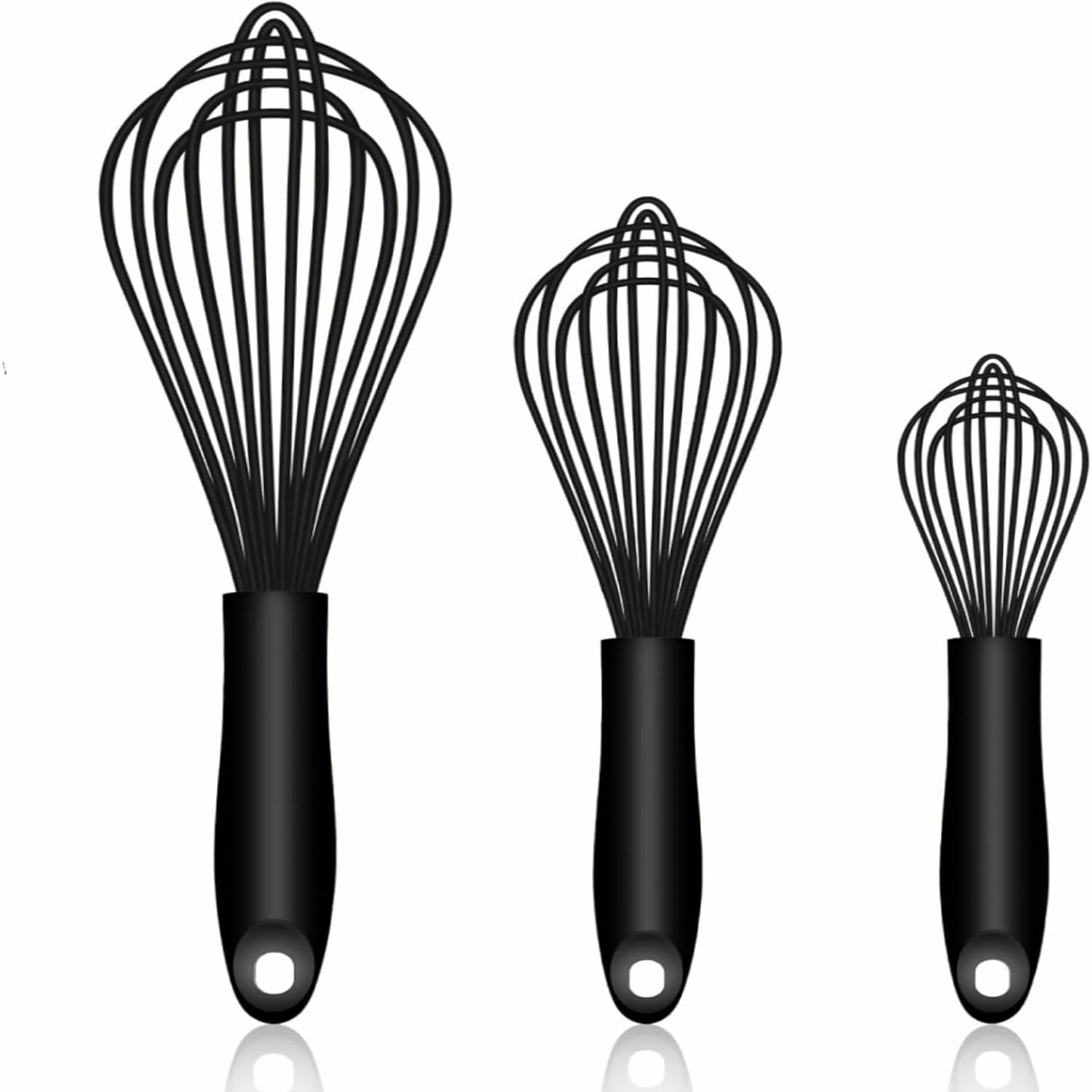 Dishwasher Safe Silicone Whisk, Sealed Waterproof Design Set of 3, Professional Kitchen Whisks for Cooking Non-Scratch, Silicone & Stainless Steel Whisk, Heat Resistant Balloon Egg Beater, Black