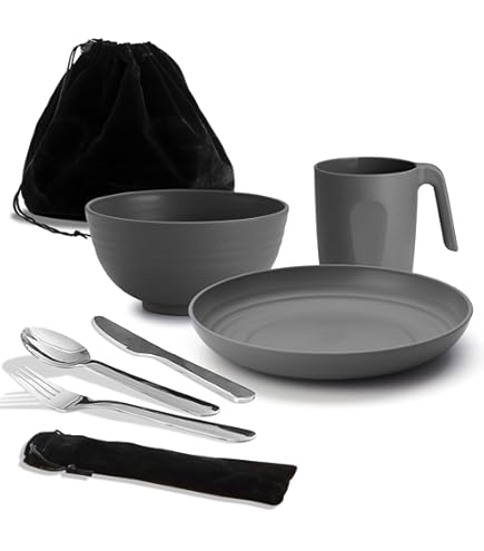 Packware Dish Set With Mesh Storage Bag – Plates, Bowls, Cups, Utensils For Camping & Hiking