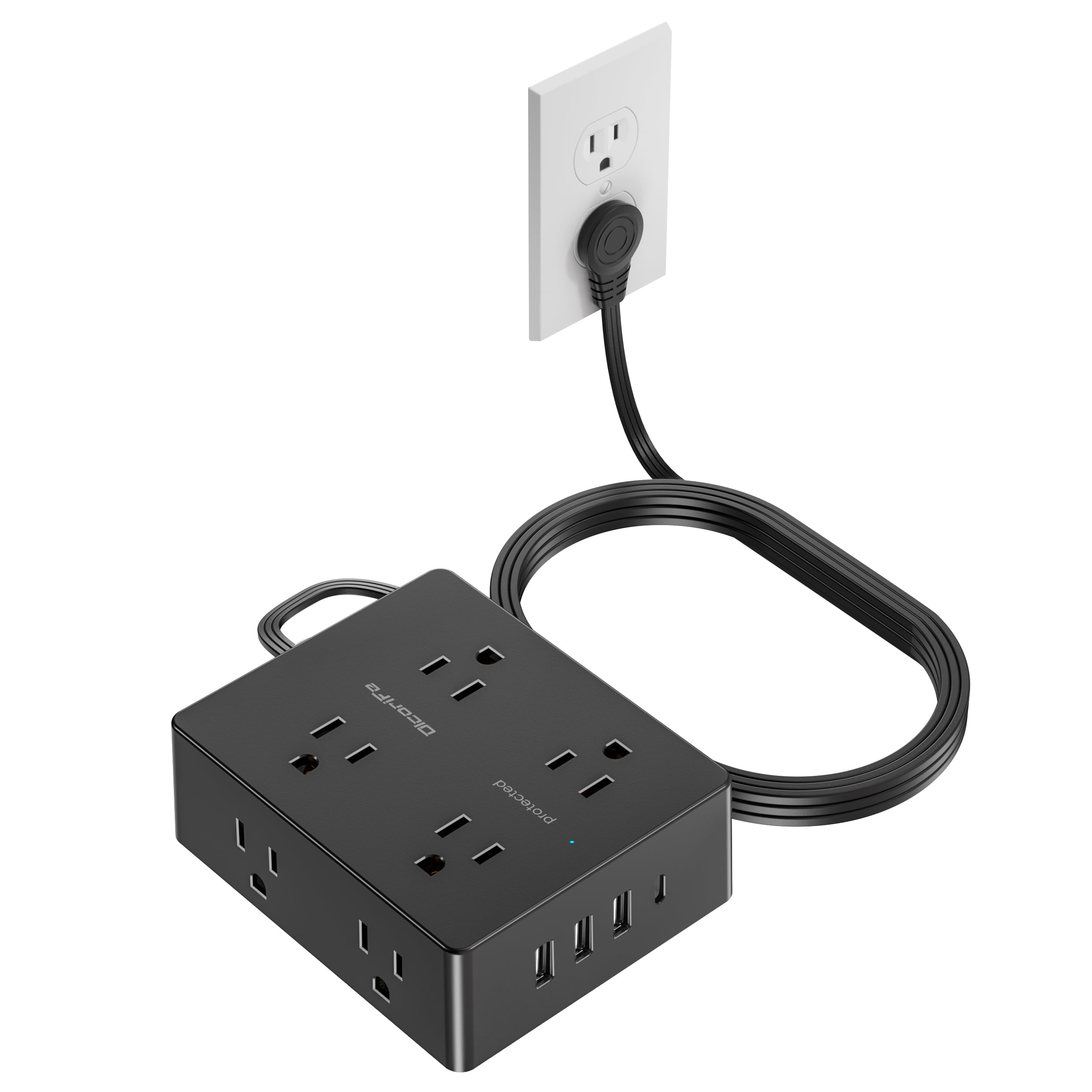 Surge Protector Power Strip, Olcorife Ultra Thin Flat Plug Extension Cord 5ft, 8 Outlets 4 USB Ports(1 USB C), Flat Wall Plug Outlet Extender, College Dorm Room Essentials, Black