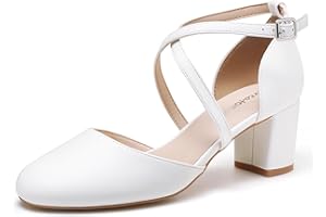 Greatonu Women's Low Block Heeled Dress Pumps Closed Round Toe Cross Strap Wedding Bridal Party Office Shoes