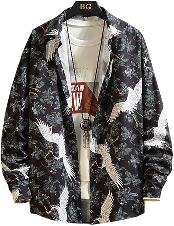 Amazon Angelo アロハシャツ メンズシャツ 長袖シャツ メンズ 鶴柄シャツ 総柄 トップス カジュアル ゆったり メンズファッション 春秋服 流行り シンプル 個性的 中国風 シャツ 通販