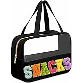Kovewon Chenille Letter Snacks Bag Clear Snack Bag Pouch with Handle and Zipper Waterproof Nylon Portable Travel Tote Makeup Bag for Women