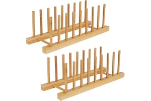 2 Pack Bamboo Wooden Dish Drying Rack, Plate Rack Stand Pot Lid Holder Kitchen Storage Cabinet Organizer for Dish, Bowl, Cup,