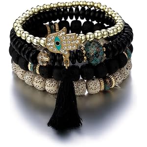 4 Pcs Bohemian Evil Eye Tassel Bracelets, Multi-layer Elastic Cord Beaded Unique Niche Bracelets, Daily Commute Vacation Part