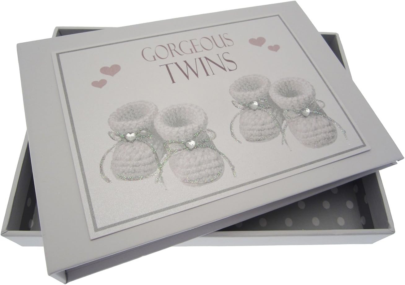 White Cotton Cards Gorgeous Twins, Mini Photo Album, Silver Booties, 12.5x17.5x2.5 cm
