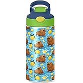Caikeny Cute Capybaras Kids Water Bottle with Straw Lemon Insulated Stainless Steel BPA-Free Sport Bottles for Boys Girls Toddlers 12 oz Green Lid