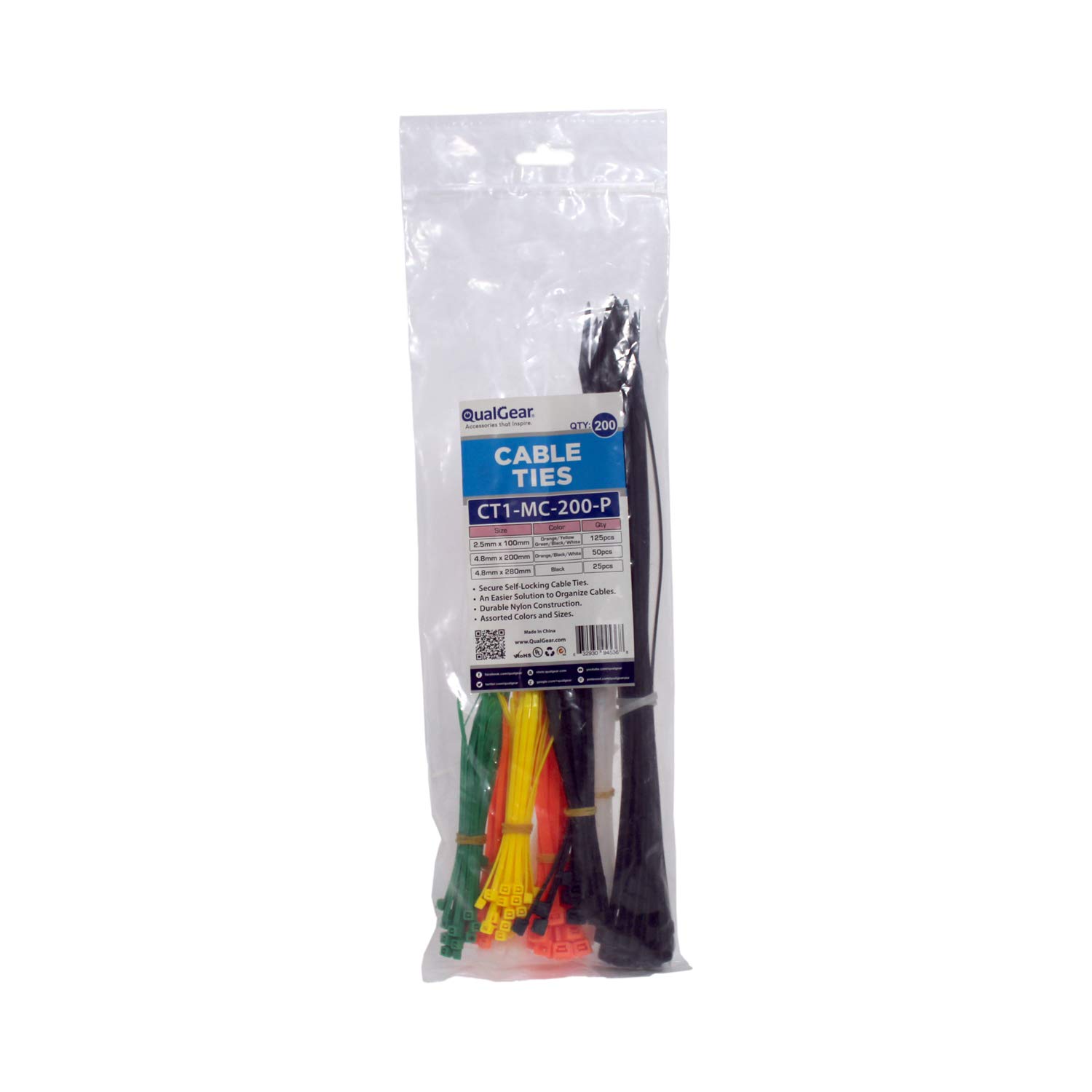 QualGear eHotCafe CT1-MC-200-P Assorted Self-Locking Cable Ties (Pack of 200)