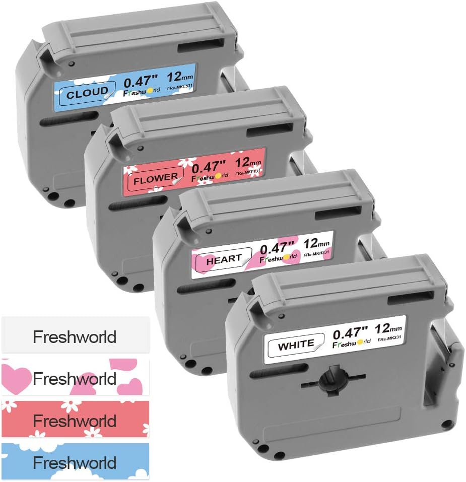 Freshworld Compatible Tape Replacement for P-touch M Tape M-K231 H231 F431 C531,White/Heart/White Flower/Cottony Cloud,for Brother Ptouch PT-M95,PT-90,PT-80,PT-65,PT-85 Label Maker, 1/2Inch x 26Ft, 4P