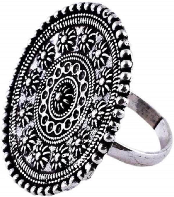 Saissa Oxidised Metal Silver Plated Free-Size Big Ring for Girls and Women