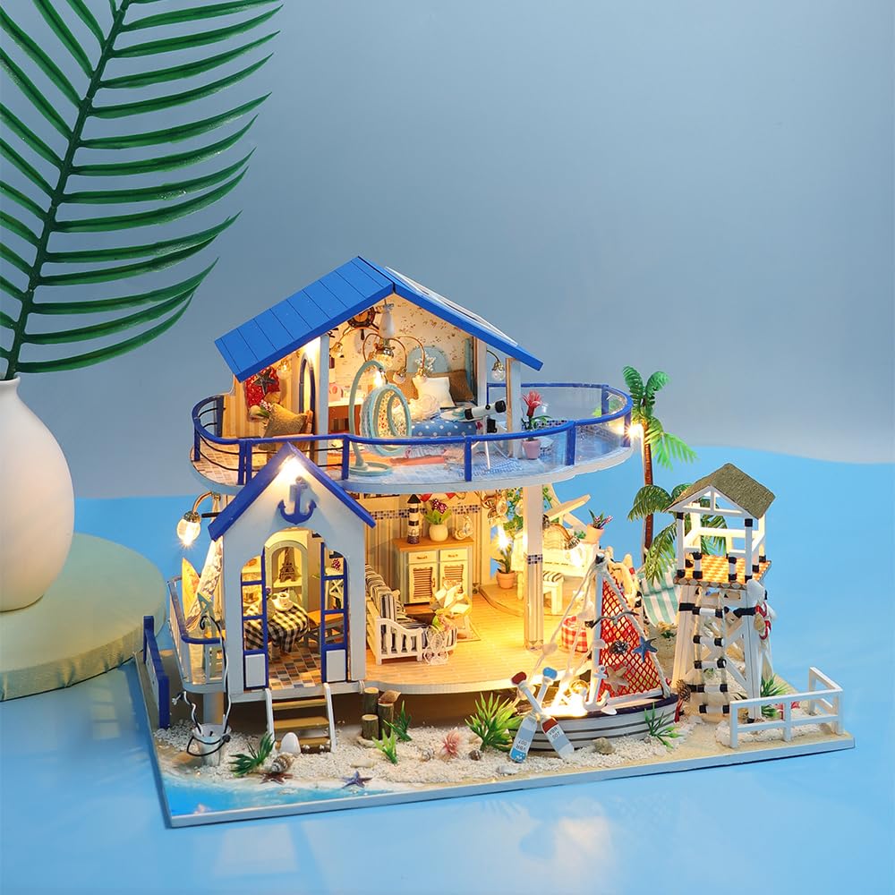 GuDoQi DIY Miniature Dollhouse Kit, Miniature House Kit 1:24 Scale,Tiny House kit with Music and Furniture Kit, Great Gift for Birthday Easter, Blue Sea Legend
