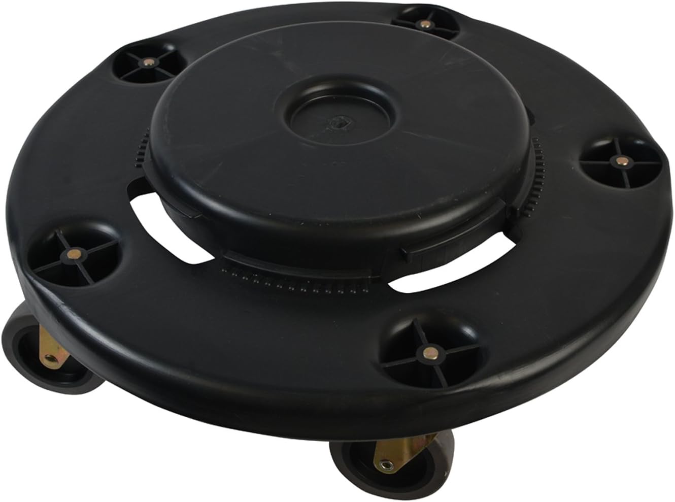 Janico Inc Garbage Trash Can Black Round Dolly with Molded Casters, Fits 22 32 44 55 Gallon Cans, 18 Inch x 18 Inch x 6 Inch