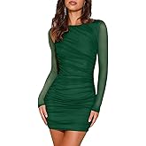 oten Women's 2026 Sexy Round Neck Mesh Long Sleeve Mini Dress Ruched Bodycon Cocktail Party Short Dresses