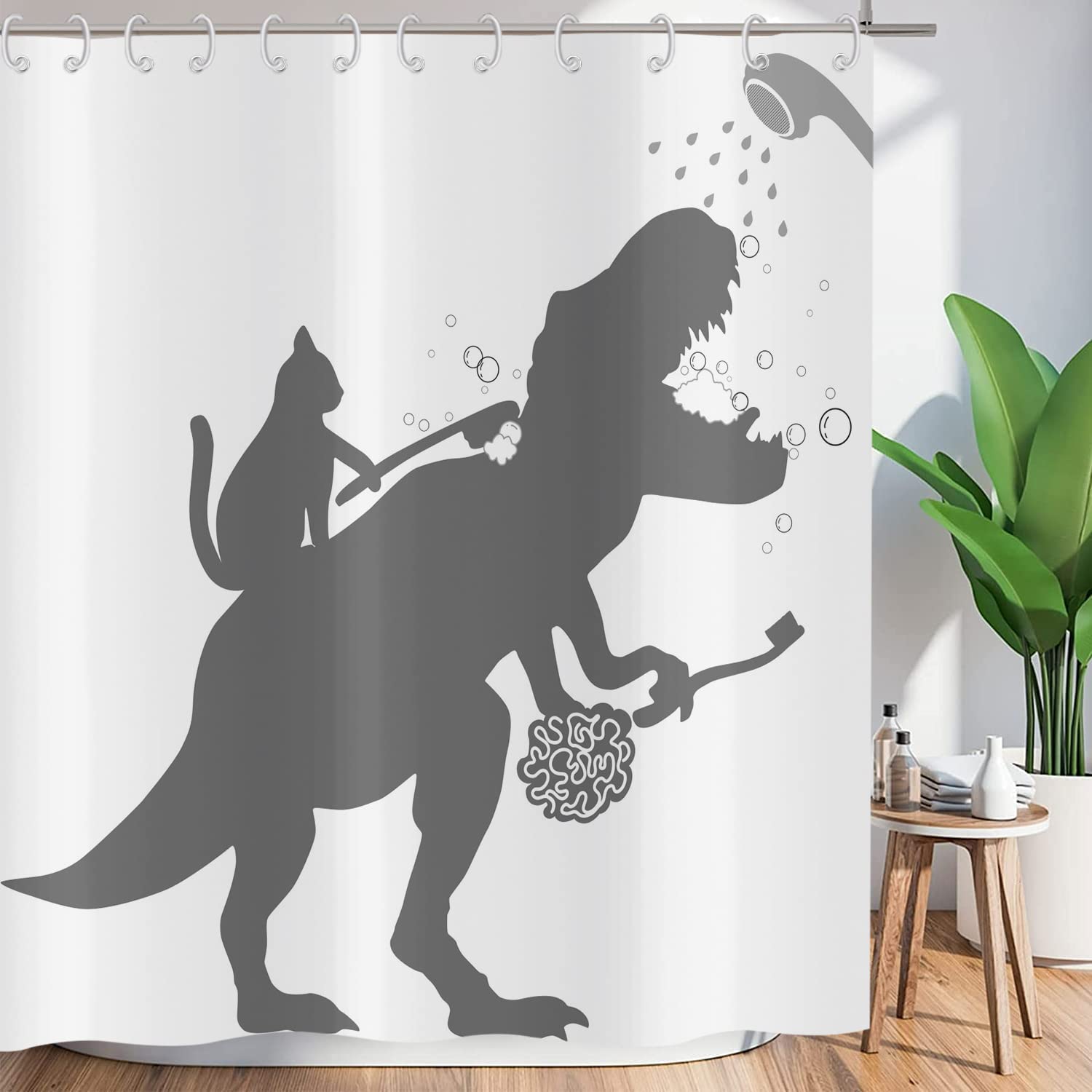 ASDCXZ Funny Shower Curtain 180x180 cm, Waterproof Fabric Shower Curtains, Funny Cat Dinosaur Bathe Black Silhouette White Outdoor Washable Polyester Bathroom Curtain with 12 Hooks