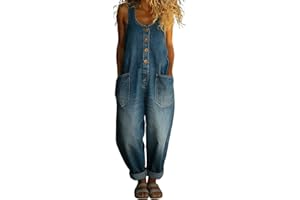 Denim Overalls Women Retro Wide Leg Jumpsuit Baggy Sleeveless Romper Adjustable Strap Jean Onesie with Pockets Y2K Streetwear