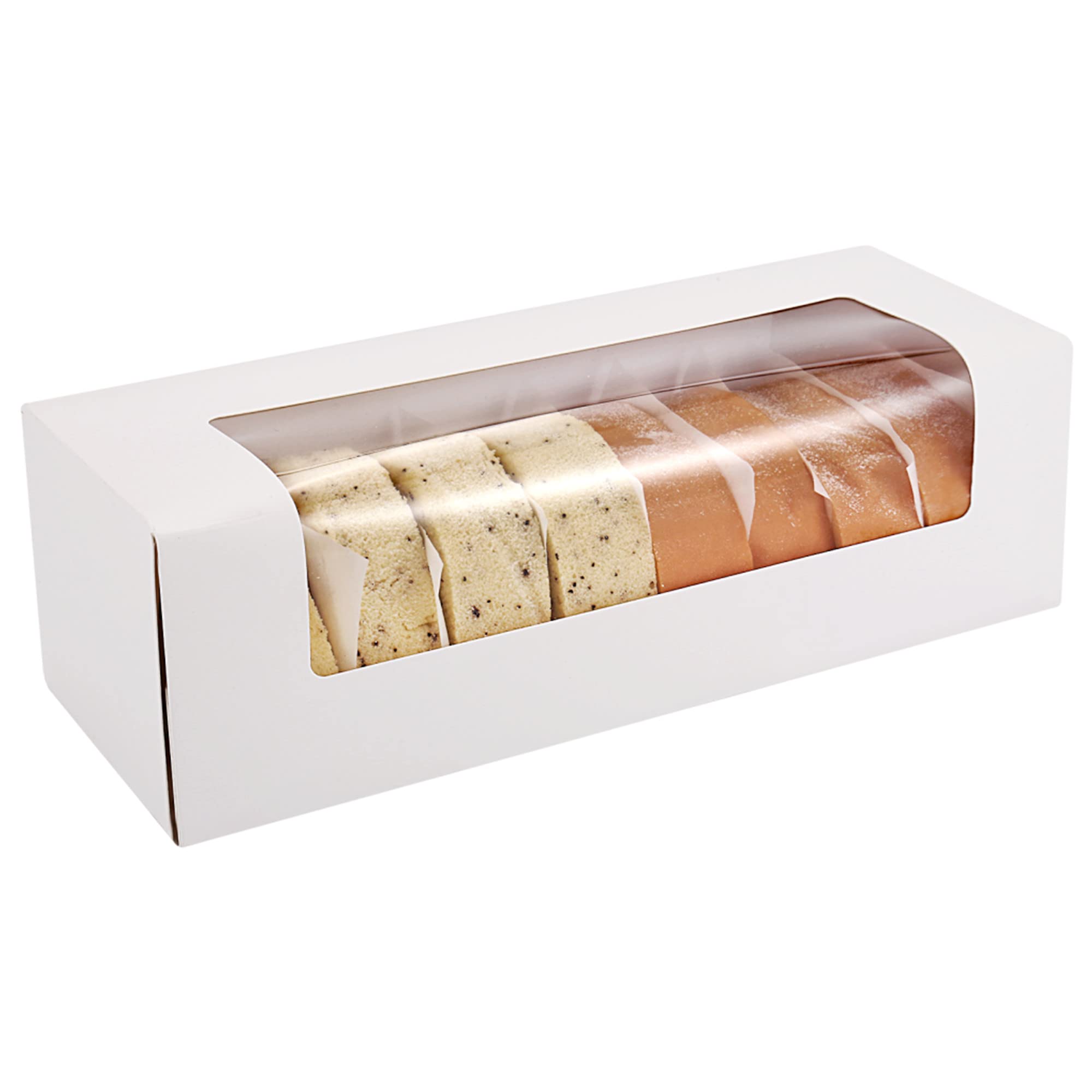 Photo 1 of RIFMEAE 24-Pack 12" x 4" x 3.5" Roll Cake Boxes, Loaf Pumpkin Roll Boxes, White Bakery Boxes with Window, Auto-Popup Pastry Boxes