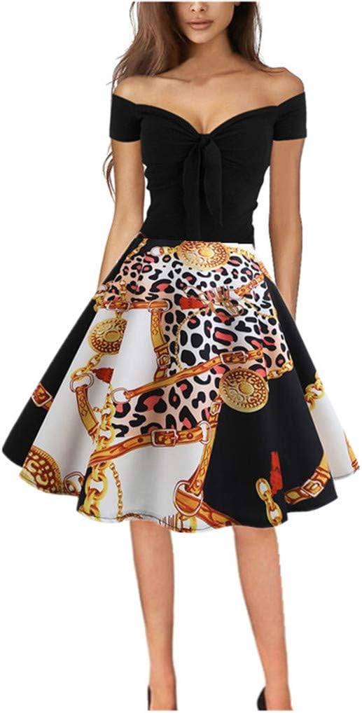 Women Vintage 1950s Retro Off Shoulder Printing Evening Party Prom Swing Dress