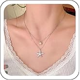 Zeshimb Boho Pearl Starfish Choker Necklace Layered CZ Starfish Pearl Pendant Necklace Chain Silver Sea Star Pearl Clavicle Necklace Summer Marine Life Everyday Necklace Trendy Jewelry for Women