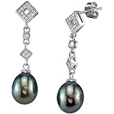 THE PEARL SOURCE 9-10mm Genuine Baroque Black Freshwater Cultured Pearl & Cubic Zirconia Shape Earrings for Women