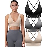 Evercute Women's Sports Bras 3/4 Pack Adjustable Deep V Neck Bras Wireless Spaghetti Strap Criss Cross Padded Low Support Bra