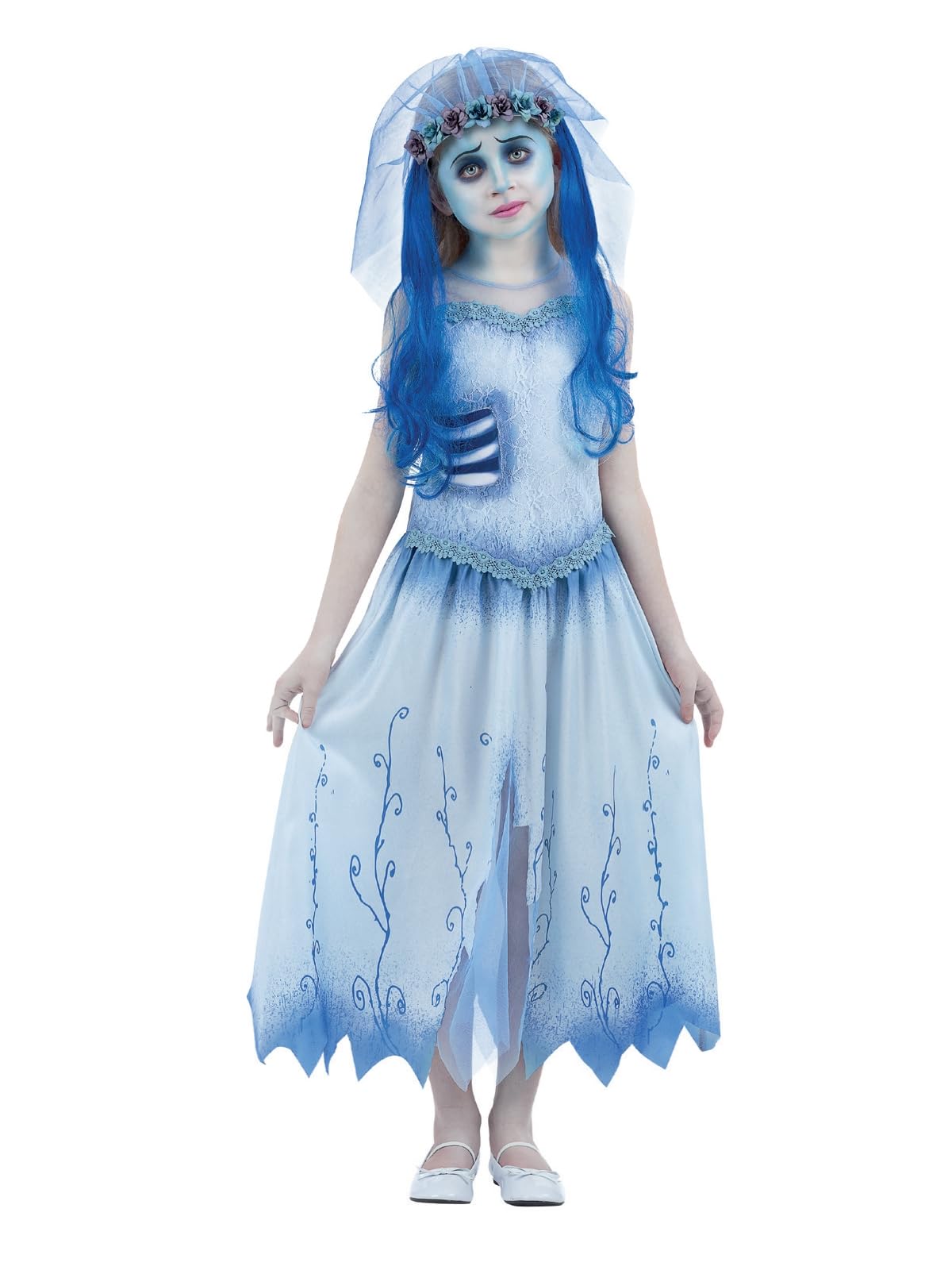 Smiffys Corpse Bride Emily Costume for Kids, Dress and Headband with Veil and Hair Pieces, Officially Licensed, Flower Headband and Rib Detail, Ideal for Matching Family Fancy Dress