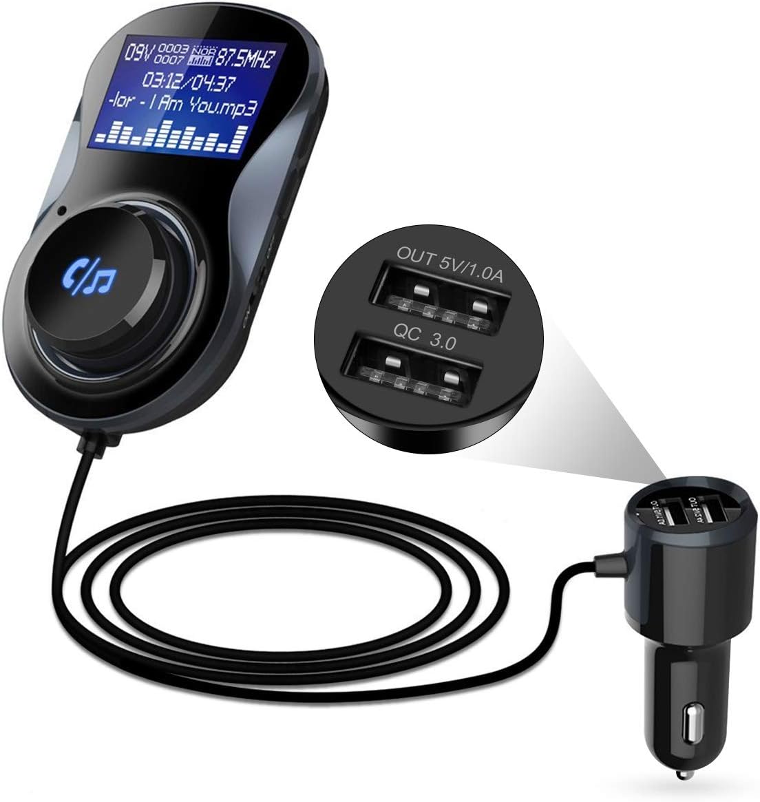 FM Transmitter, Kitbeez Bluetooth Car MP3 Player Radio Adapter Hands Free Talking Car Kit with QC3.0 USB Port, 1.44 Inches Screen, TF Card Slot, Support Display Car Battery Voltage for IOS and Android