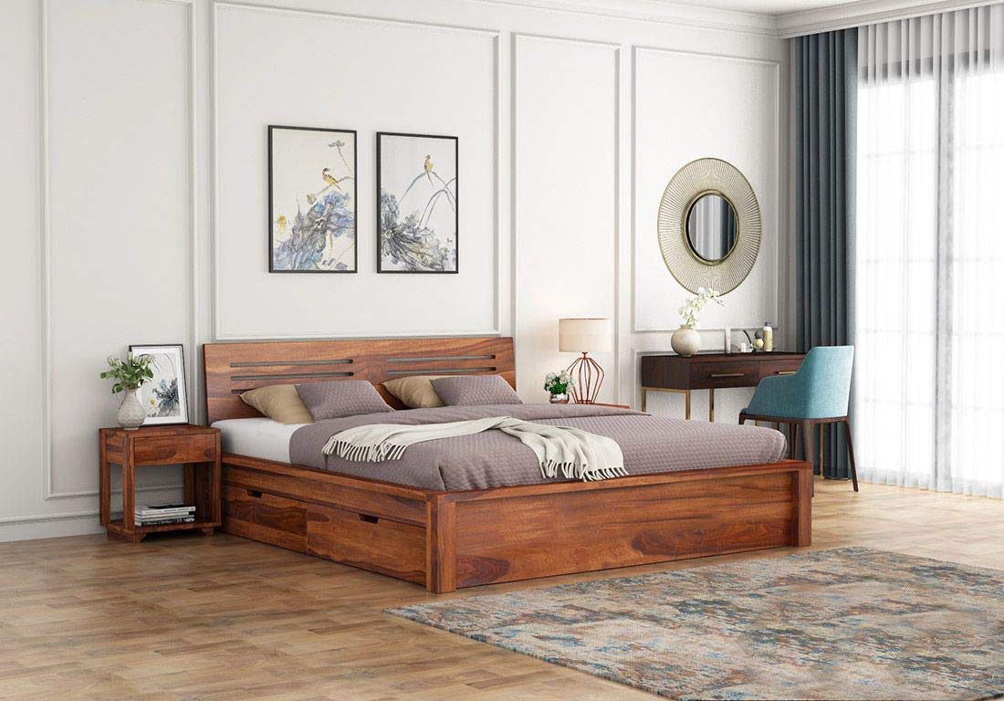BL WOOD Sheesham Wood King Size Double Bed with Storage Box for Home