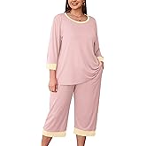 AusLook Women's Plus size Pajama Sets 3/4 Sleeve Top and Capri Pants Sleepwear Pj Set 2 Piece Lounge Set with Pockets