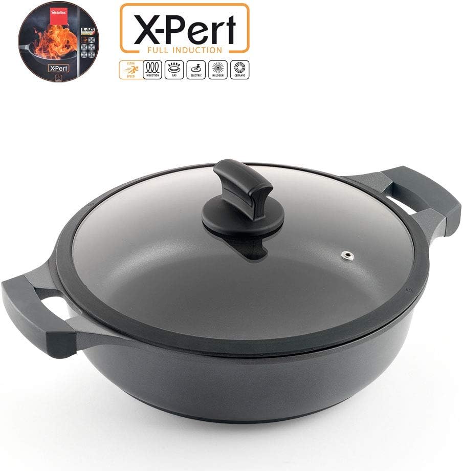 Metaltex XPERT - Low Cast Aluminum Casserole 30 cm with Tempered Glass Lid, Black/White, 4.5 Litres - Image 3
