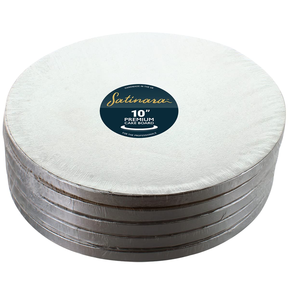 Satinara 10" Cake Boards, Luxury Cake Drums, Silver Foil Covered, 12mm thick - 10 inch Round (Pack of 5)