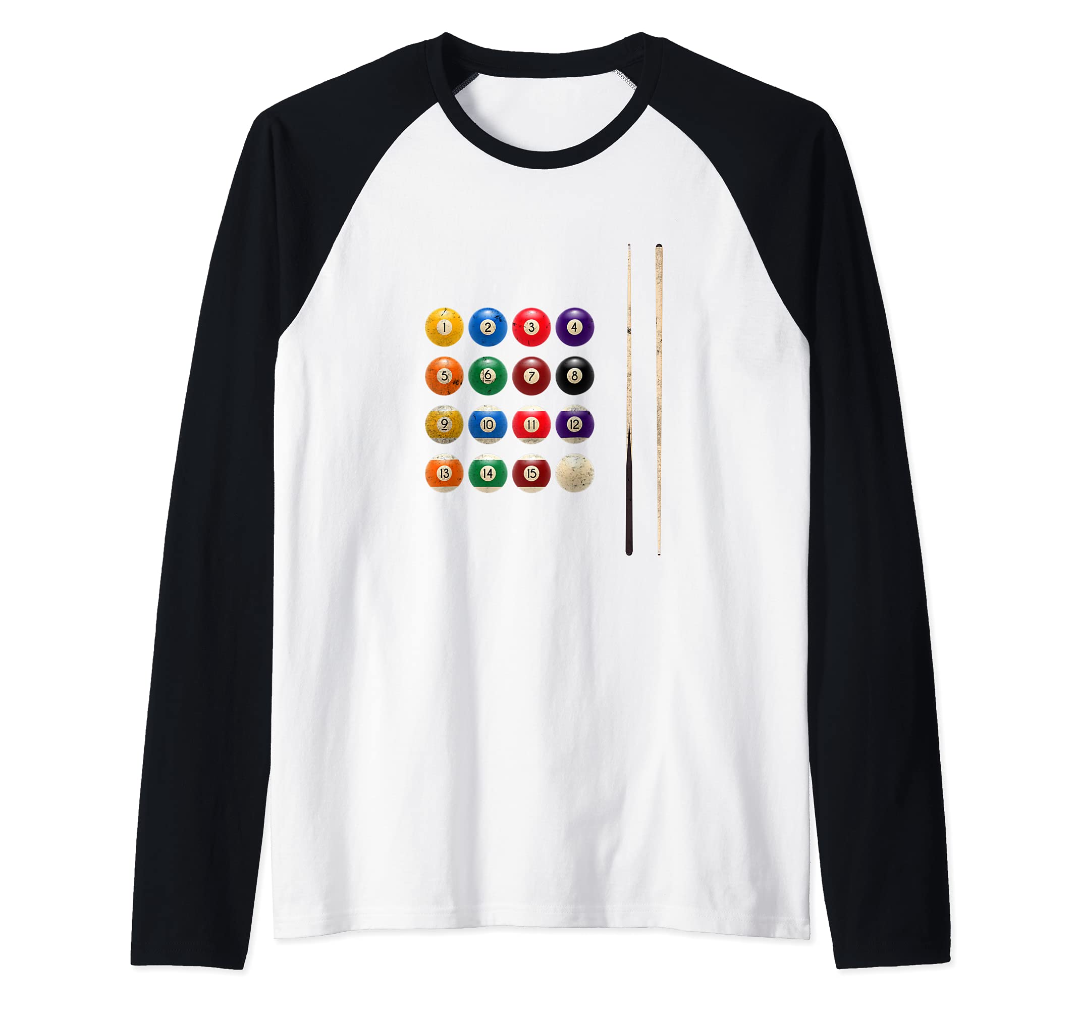 Funny Billiard Balls Pool Rack Cue Stick Snooker Player Raglan Baseball Tee