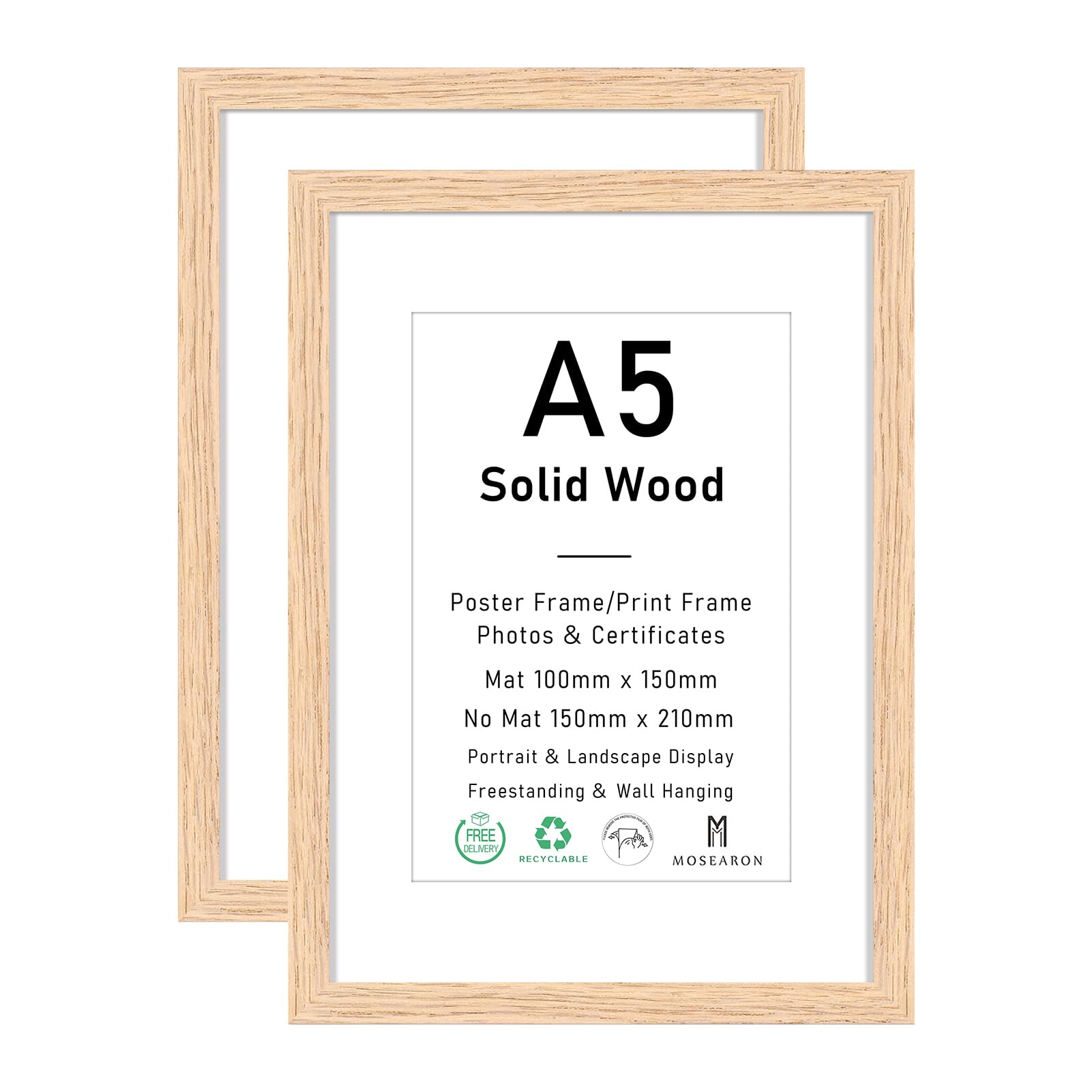 A5 Certificate Picture Frame,OAK Wood Photo Frame with mount for 4x6 print,Poster Frame with plexiglass for Wall Mount Display,15x21 cm,Set of 2