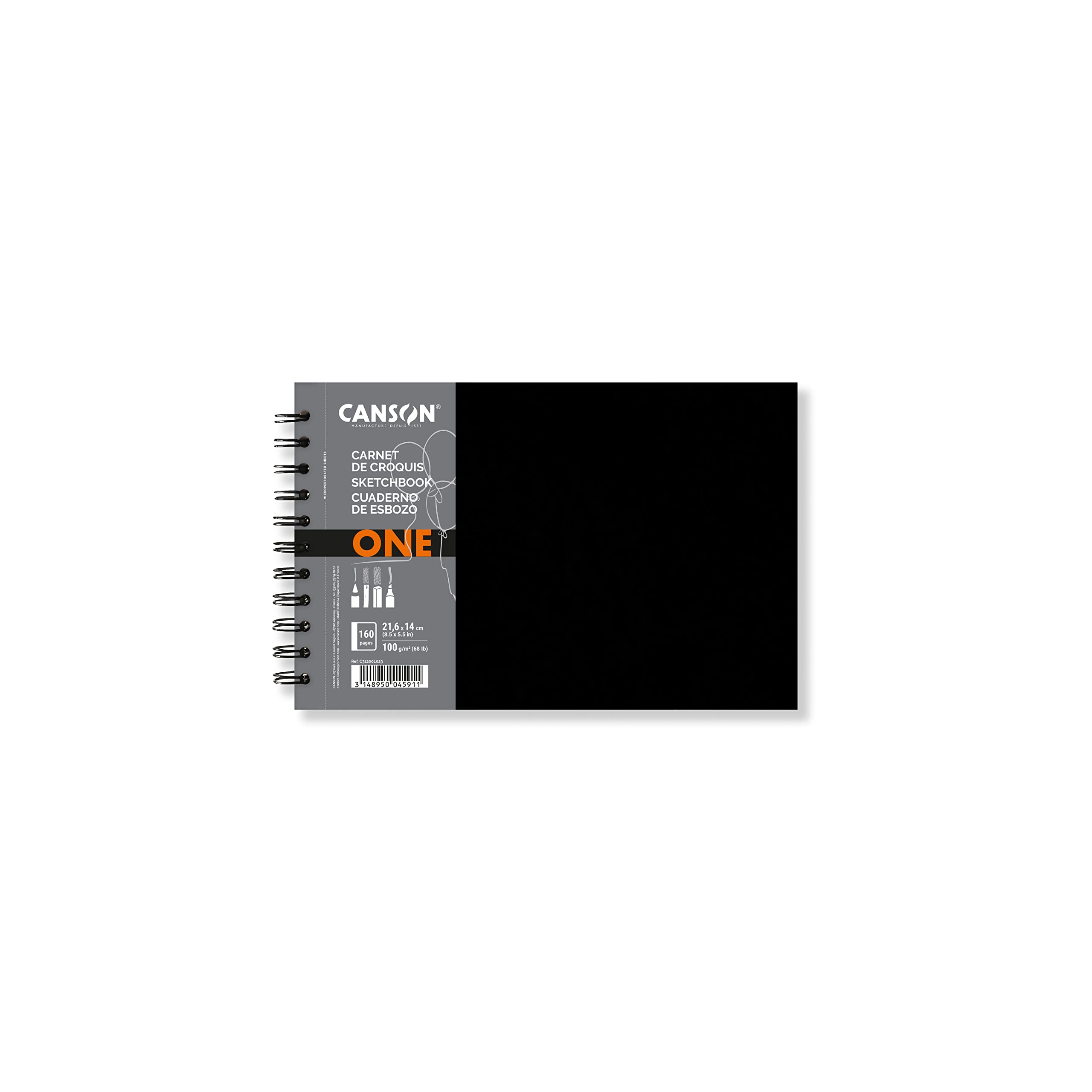 Canson One Art Book, Sketchbook, Fine Grain, 100gsm, Spiral Notebook, Hardcover, 8.5 x 5.5 inches, White, 160 Sheets