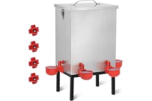 AOWOIL 3 Gallons Chicken Waterer,Stainless Steels Automatic Chicken Waterer No Waste with Latch and Bottom Bracket，Poultry Watering 4 Water Cups Chicken Waterer and 4 Horizontal Automatic Chicken Nipples