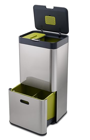 Joseph Joseph Totem 60, Abfalleimer, Mülltrennsystem, Abfall-und Recycling-System, 60L, Metall, 40 x 30 x 80 cm, Edelstahl
