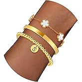 Gold Bracelets Stackable Set for Women Dainty Initial Bracelet 18k Gold Plated Clover Bracelet Non Tarnish Cuff Bracelet Letter A-Z Beaded Bracelet Hypoallergenic