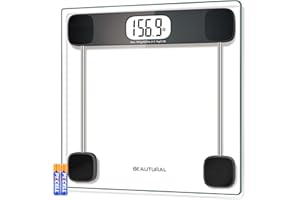 BEAUTURAL Digital Bathroom Scale for Body Weight, LCD Display, 400lb, 4 AAA Batteries and Tape Measure Included,Tempered Glass