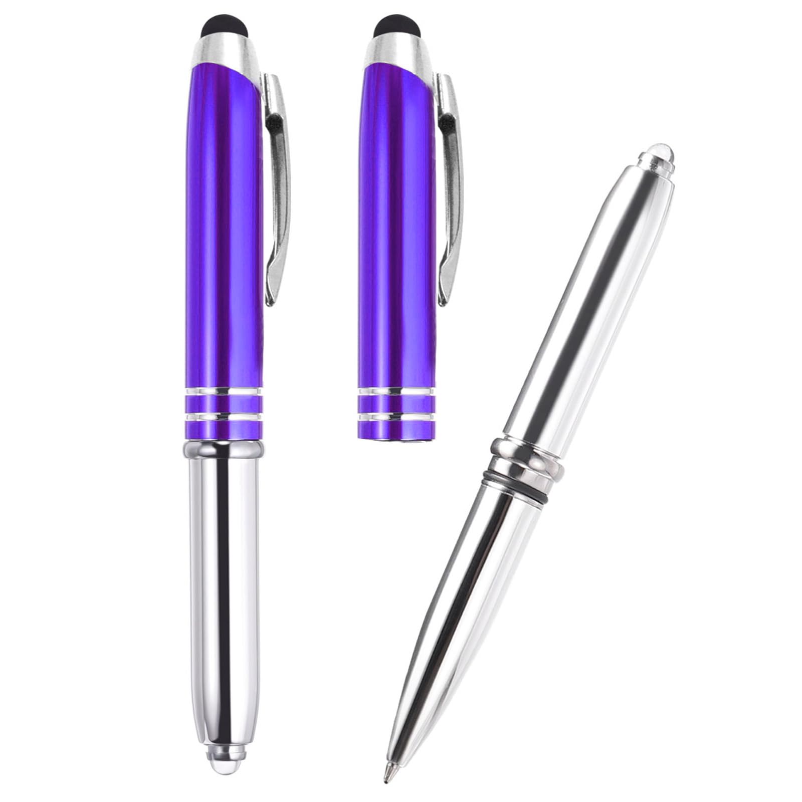 PATIKIL 2 Pack 3 in 1 Metal Pen, Black Ink 1.0mm Medium Point Stylus Pen for Touch Screens, LED Flashlight, Blue