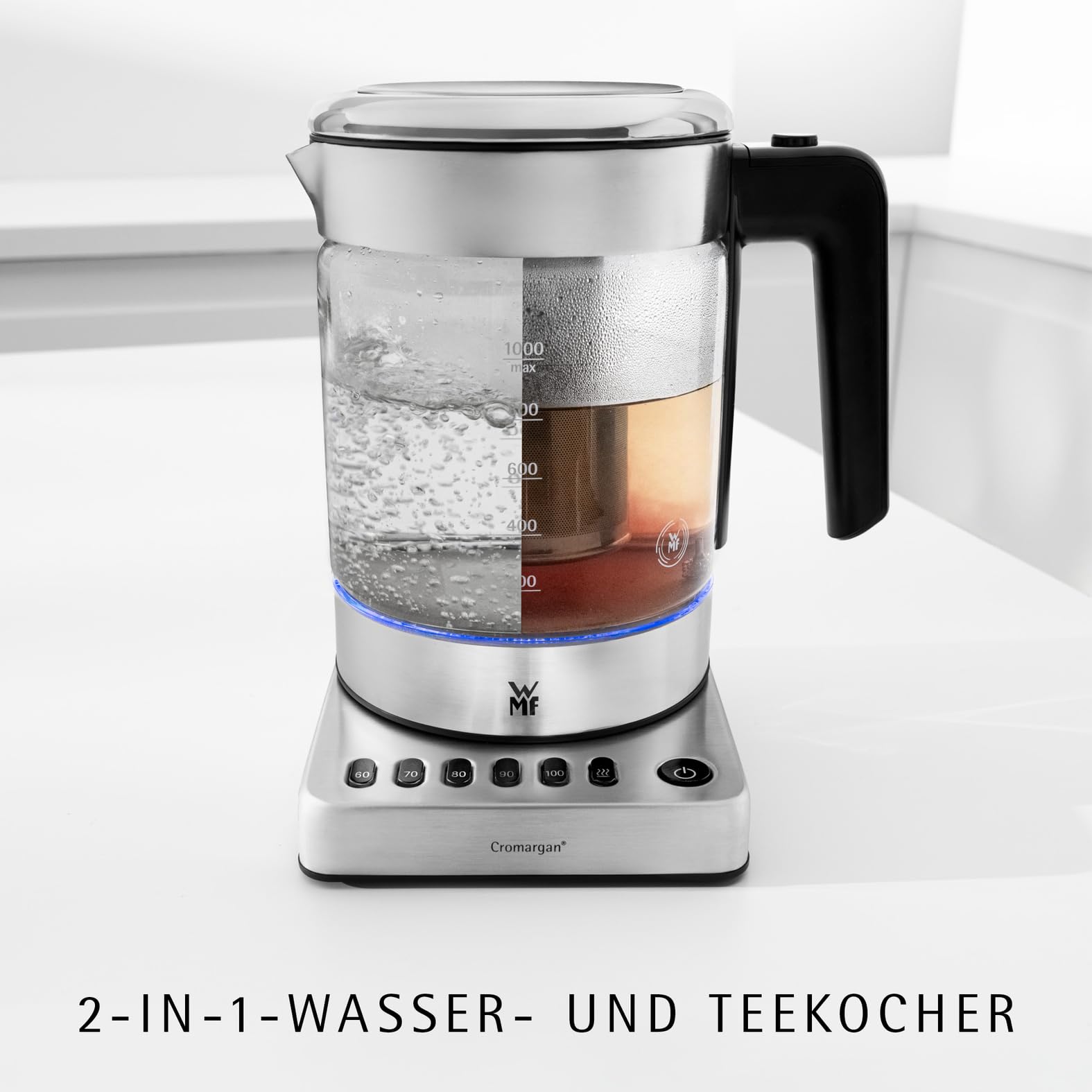 WMF Küchenminis 2 in 1 Vario Wasserkocher mit Temperatureinstellung, 1,0l, 1900 W, Teekocher Glas mit Teebeutelhalter und Sieb 2