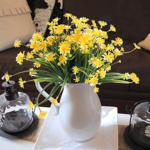 Nahuaa Fake Plants, 4PCS Artificial Daisy Flowers Greenery Bush Faux Plastic Wheat Grass Shrubs Table Centerpieces Arrangements Home Kitchen Office Indoor Outdoor Spring Decorations Yellow - Thumbnail 2