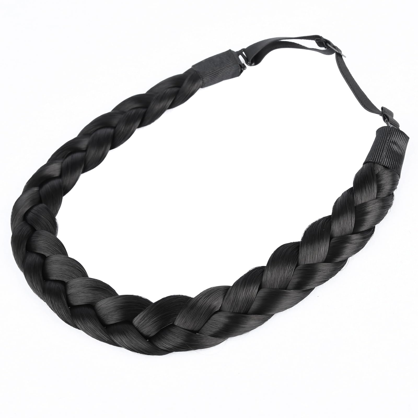 BOBIYA 3 Strands Synthetic Hair Braided Headband Classic Chunky Wide Plaited Braids Elastic Stretch Hairpiece for Women Girl (Natural Black)