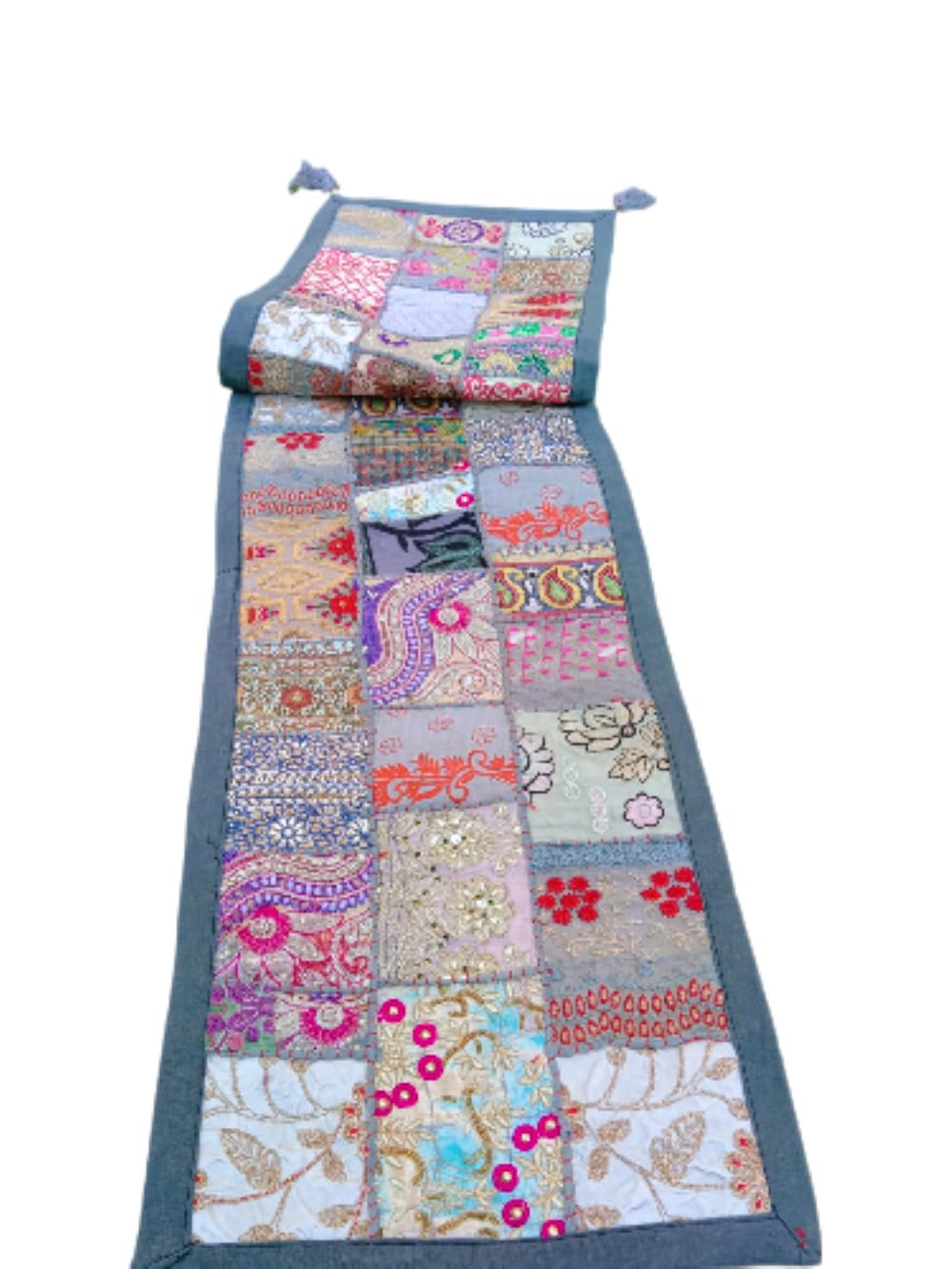 Estationeryhouse Premium Quality Indian Handmade Vintage Patchwork Table Runner with Tassels Bohemian Wall Hanging Colorful Cotton Placemat for Dining Table (Grey, 14x60 Inch)