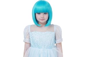 YTbeauty Kids Blue Bob Wig with Bangs Short Straight Wig for Girls Heat Resistant Synthetic Child Costume Cospaly Daily Party Use (Light Blue)