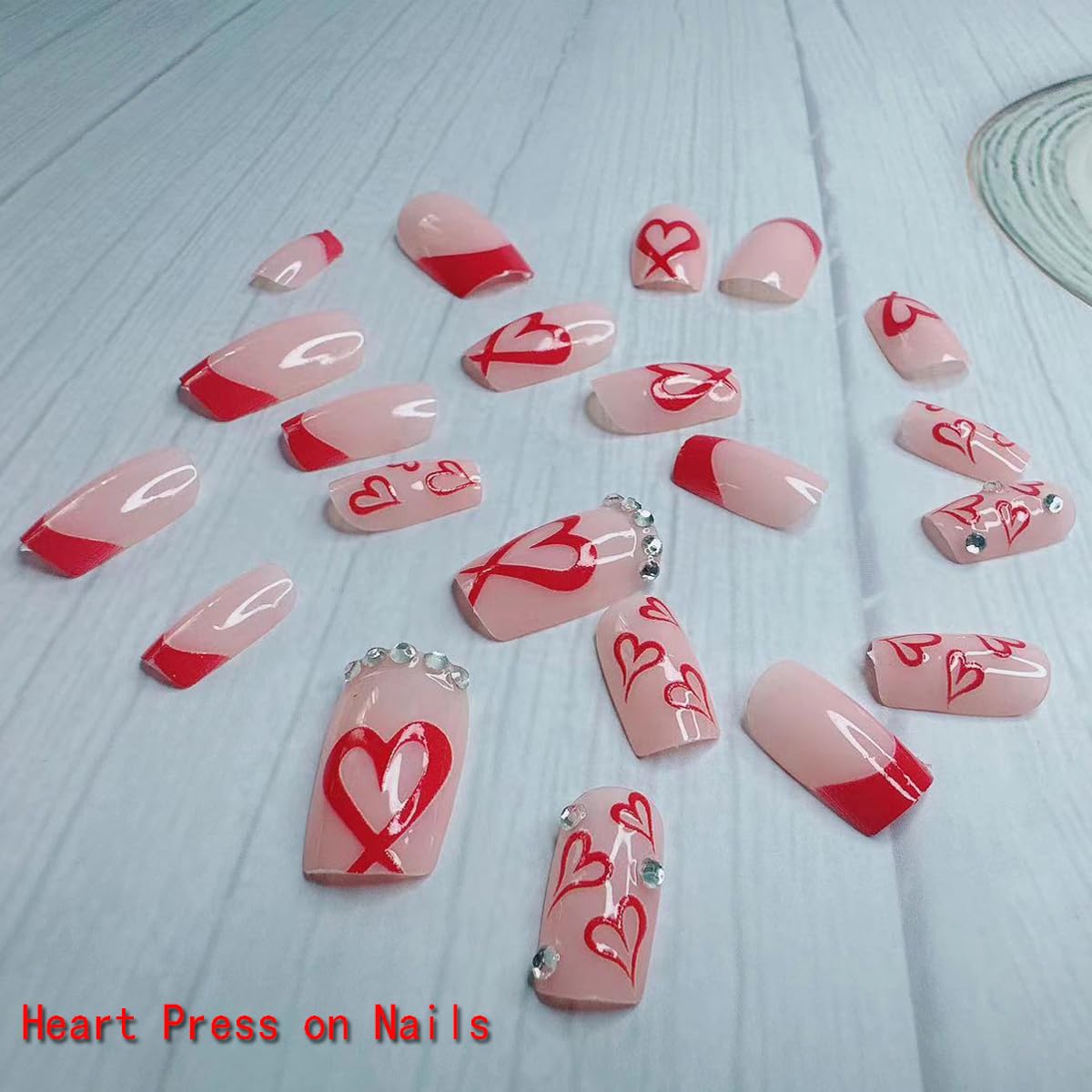 Square Press on Nails Medium -French Tip Press on Nails Red Heart Deign,Glossy Pink Fake Nails with Rhinestone Design,Reusable Artificial False Nails with Glue on Nails Valentine's Day for Women 24PCS - Image 2