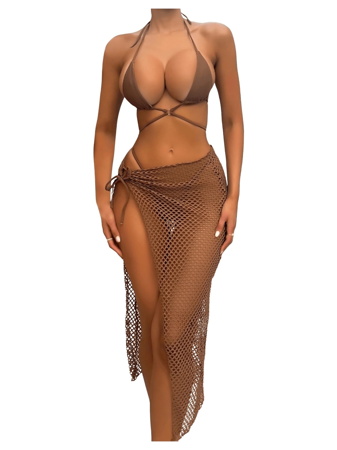 Photo 1 of Sweaty Rocks Women's Triangle Micro Bikini Set 3 Piece Extreme G String Thong Swimsuit with Cover Up Skirts Coffee Brown - Small