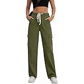 Rasutina Women Chino Cargo Pants High Waisted Stretchy Fall Pants Women's Drawstring Pull On Trousers