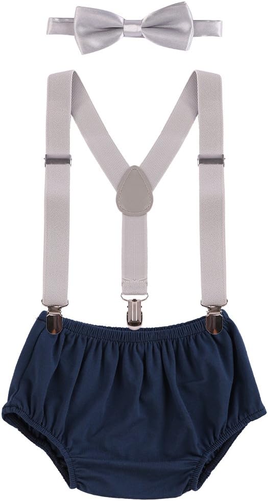 Cake Smash Outfits Baby Boy 1st Birthday Party Suspenders Diaper Nappy Cover Bow Tie
