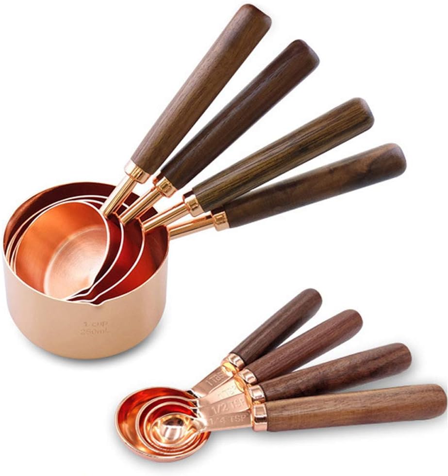HARLIANGXY® Stainless Steel Measuring Cup Set and Measuring Spoon Set with Handle Made of Black Walnut Wood, 4 Measuring Cups & 4 Measuring Spoons, Set of 8
